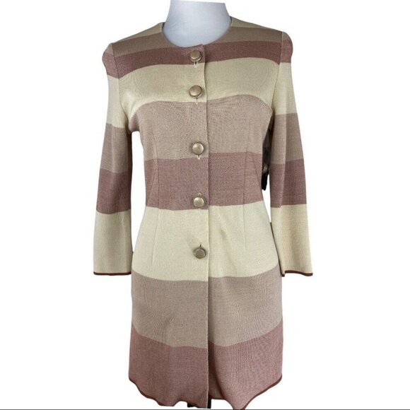 Misook Women's NWT‎ Tan Striped Button Up Long Sleeve Ponte Knit Sweater XS/C40 - Picture 1 of 11
